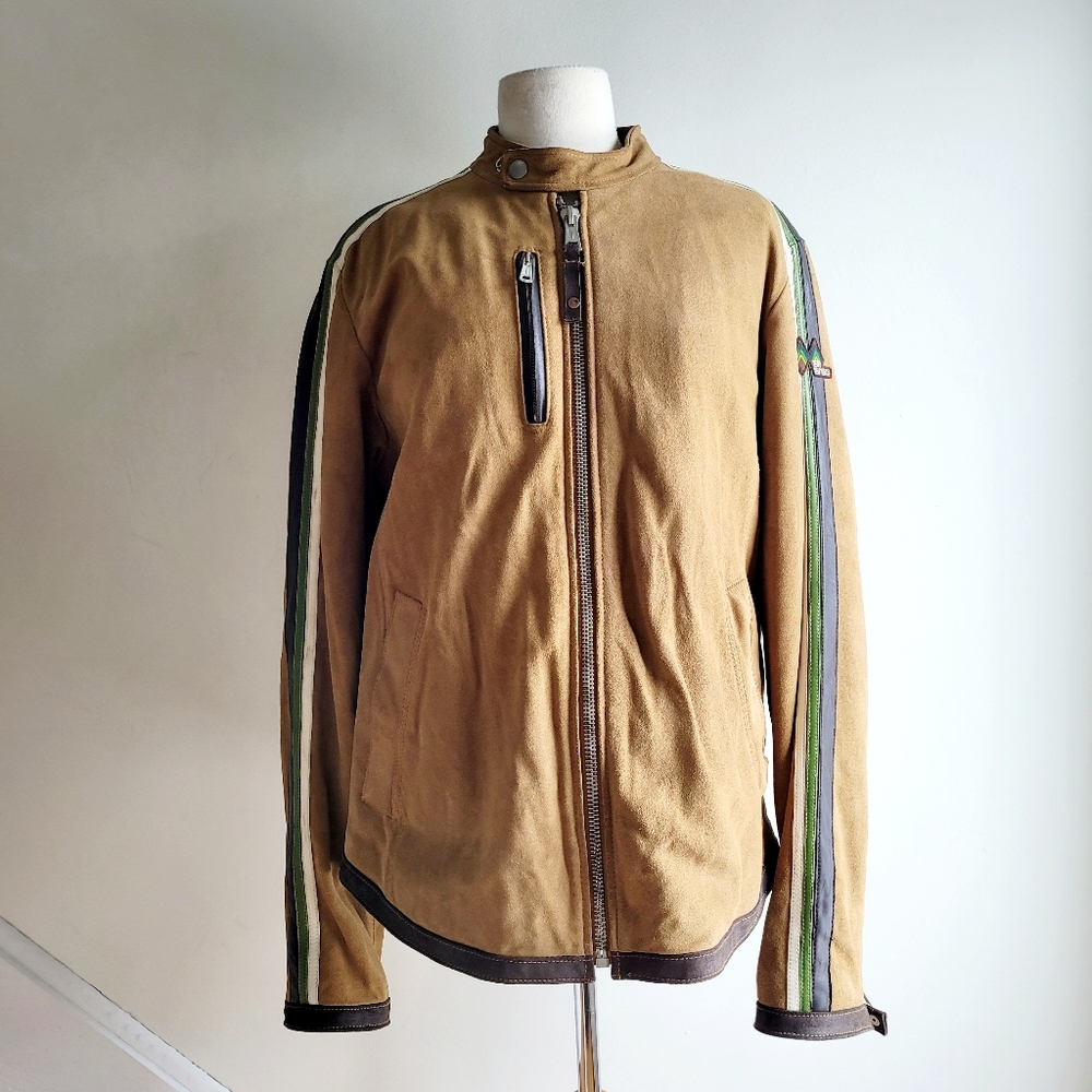 Vintage 90s MISS SIXTY Racer Moto Aviatior Suede Tan Jacket Brown Stripes M/L
